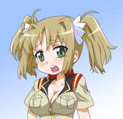 Rule 34 | 1girl, blonde hair, blush, breasts, cleavage, green eyes, gundam, gundam card builder, large breasts, looking at viewer, mukaibi aoi, open mouth, reiko holinger, short hair, short twintails, simple background, solo, twintails