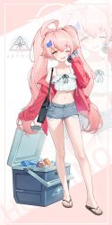 Rule 34 | 1girl, absurdres, ahoge, alternate costume, animal hair ornament, bag, blue archive, blush, can, collarbone, fang, full body, grey shorts, hair ornament, highres, holding, holding can, hoshino (blue archive), jacket, long sleeves, navel, okkimon, one eye closed, open clothes, open jacket, open mouth, pink hair, red jacket, sandals, shorts, shoulder bag, skin fang, smile, solo, toes, twintails, whale hair ornament, yellow eyes, zoom layer