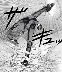 Rule 34 | 1boy, absurdres, broken ground, collared shirt, fighting stance, from behind, full body, greyscale, highres, kicking, leg up, loose necktie, male focus, monochrome, motion blur, necktie, no.6 (numberr 6), one piece, sanji (one piece), shirt, shoes, short hair, solo, speed lines