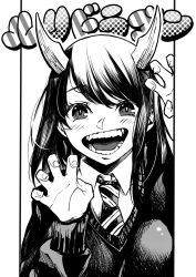 Rule 34 | 1girl, aoki ruri, blush, claw pose, collared shirt, copyright name, dragon girl, dragon horns, fingernails, greyscale, hatching (texture), highres, horns, long sleeves, looking at viewer, medium hair, monochrome, necktie, open mouth, parted bangs, portrait, ruri dragon, school uniform, shirt, simple background, solo, striped necktie, sweater, swept bangs, teeth, yuune udonge