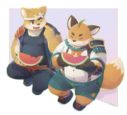 Rule 34 | 2boys, absurdres, ahoge, animal ears, armor, artist name, blush, chewing, closed eyes, commentary request, dog boy, dog ears, eating, fang, food, food on face, fox boy, fox ears, fox tail, fruit, furry, furry male, furry with furry, highres, holding, holding food, iyo (tamacolle), multiple boys, musashi (tamacolle), one eye closed, open mouth, pauldrons, pointing, pointing at self, seamonsterping, shoulder armor, single pauldron, suspenders, tail, tamacolle, watermelon