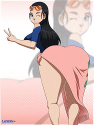 Rule 34 | 1girl, ass, black hair, blue eyes, blue shirt, breasts, from behind, large breasts, layerth, long hair, looking at viewer, looking back, nico robin, one eye closed, one piece, parted lips, pink skirt, shirt, short sleeves, skirt, solo, sunglasses, sunglasses on head, v, wink