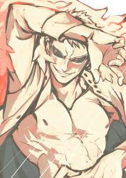 Rule 34 | 1boy, ahi tb, arm up, blonde hair, coat, donquixote doflamingo, feather coat, highres, looking at viewer, male focus, muscular, muscular male, nipples, one piece, open clothes, pectorals, pink coat, shirt, short hair, smile, sunglasses, thread, upper body, white shirt