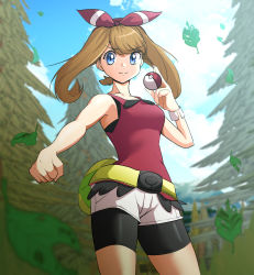 Rule 34 | 1girl, absurdres, bike shorts, bike shorts under shorts, blue eyes, blurry, bracelet, breasts, brown hair, clenched hand, closed mouth, cloud, commentary, creatures (company), day, falling leaves, game freak, hand up, highres, holding, holding poke ball, jewelry, leaf, may (pokemon), neogul kim, nintendo, outdoors, pantyhose, pantyhose under shorts, poke ball, poke ball (basic), pokemon, pokemon oras, shirt, shorts, sky, sleeveless, sleeveless shirt, smile, solo, split mouth, tree, twintails, white shorts