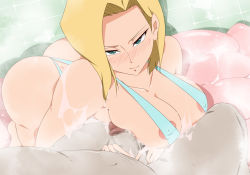 Rule 34 | 1girl, aftersex, android 18, ass, barefoot, blonde hair, blush, breasts, bukkake, censored, cum, dragon ball, dragonball z, fat, fat man, kneeling, large breasts, sato (pixiv956274), short hair, swimsuit