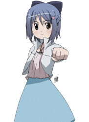Rule 34 | 00s, 1girl, :3, blue hair, bow, camisole, cropped jacket, gakuen utopia manabi straight!, hair bow, hair ornament, hairclip, inamori mika, jacket, looking at viewer, massugu go, open clothes, open jacket, ponpon, short hair, simple background, skirt, solo, standing, white background