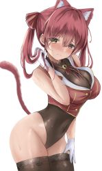 Rule 34 | 1girl, animal ears, arched back, bare shoulders, black leotard, black thighhighs, blurry, breasts, cat ears, cat tail, cleavage, closed mouth, cobra (cobra 63), covered navel, depth of field, gloves, hair between eyes, hair ribbon, hand up, heterochromia, highres, holding, holding hair, hololive, houshou marine, large breasts, leaning forward, leotard, leotard under clothes, long hair, looking at viewer, neck ribbon, raised eyebrows, red eyes, red hair, red ribbon, ribbon, see-through, see-through cleavage, see-through leotard, simple background, solo, sweat, tail, tail raised, thighhighs, thighs, virtual youtuber, white background, white gloves, yellow eyes