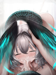Rule 34 | 1boy, 1girl, arknights, ass, closed eyes, completely nude, cum, cum in mouth, fellatio, grey hair, head wings, hetero, highres, ho&#039;olheyak (arknights), irrumatio, nopetroto, nude, oral, penis, pov, short hair, simple background, snake tail, solo focus, tail, tears, uncensored, white background, wings