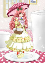 Rule 34 | 1girl, cake, dress, food, food-themed clothes, food-themed hair ornament, fruit, hair ornament, highres, looking at viewer, original, over shoulder, personification, picnic basket, pink hair, pink legwear, plate, pocketland, red eyes, shoes, smile, solo, strawberry, strawberry hair ornament, strawberry shortcake, umbrella, window, yellow dress, yellow footwear, yukion