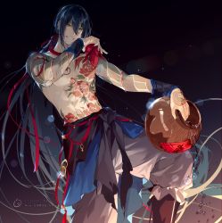 Rule 34 | 1boy, arm tattoo, bishounen, black background, black hair, chest tattoo, fate/grand order, fate (series), feet out of frame, gradient background, green eyes, grey background, grey pants, grin, hair between eyes, hair ribbon, hand tattoo, hand up, highres, holding, jar, leg up, long hair, looking at viewer, low ponytail, male focus, pants, ponytail, red neckwear, red ribbon, ribbon, rrr (reason), smile, solo, spilling, tattoo, topless male, twitter username, very long hair, water, watermark, weibo watermark, wet, wrist wrap, yan qing (fate), yin yang