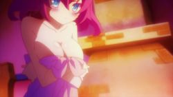 Rule 34 | 10s, 1girl, animated, animated gif, bed sheet, blue eyes, blush, bouncing breasts, breasts, cleavage, hair ornament, large breasts, naked sheet, no game no life, red hair, stephanie dora