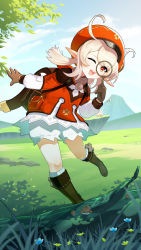 Rule 34 | 1girl, ;d, absurdres, ahoge, backpack, bag, bloomers, blue sky, boots, brown footwear, brown gloves, brown scarf, cabbie hat, child, cloud, cloudy sky, clover hair ornament, coat, commentary request, flower, full body, genshin impact, gloves, grass, hair between eyes, hair ornament, hat, hat feather, hat ornament, highres, holding, holding magnifying glass, jizhi shaojiu, klee (genshin impact), knee boots, kneehighs, kneeling, light brown hair, long hair, long sleeves, looking at viewer, low twintails, magnifying glass, mountainous horizon, one eye closed, open mouth, orange eyes, pocket, pointy ears, randoseru, red coat, red hat, scarf, sidelocks, sky, smile, socks, solo, sparkling eyes, standing, standing on one leg, twintails, underwear