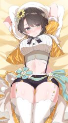 Rule 34 | 1girl, aqua eyes, arms behind head, arms up, bed sheet, beret, black shorts, blush, breasts, brown hair, closed mouth, corset, crop top, cropped shirt, curvy, flower, gluteal fold, groin, hair flower, hair ornament, hat, hololive, large breasts, looking at viewer, lying, micro shorts, midriff, mp150 plus, narrow waist, navel, official alternate costume, on back, oozora subaru, oozora subaru (starlight), paid reward available, shirt, short hair, short sleeves, shorts, skirt, smile, solo, striped clothes, striped shirt, sunflower, sunflower hair ornament, suspenders, swept bangs, thick thighs, thighhighs, thighs, underbust, vertical-striped clothes, vertical-striped shirt, virtual youtuber, waist cape, white hat, white skirt, white thighhighs, wide hips, yellow shirt