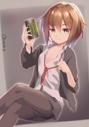 Rule 34 | 1girl, black jacket, black pantyhose, black skirt, blazer, brown eyes, brown hair, can, collared shirt, crossed legs, dress shirt, energy drink, flat chest, highres, jacket, kantai collection, looking at viewer, metadio, monster energy, necktie, pantyhose, pleated skirt, red necktie, shirt, short hair, skirt, solo, twintails, wakaba (kancolle), white shirt