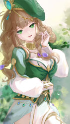 1girl 2023 absurdres bear_minstrel blurry blurry_background braid breasts brown_hair cowboy_shot flower genshin_impact green_eyes green_headwear hair_flower hair_ornament hand_up head_tilt highres jewelry large_breasts lisa_(a_sobriquet_under_shade)_(genshin_impact) lisa_(genshin_impact) long_hair long_sleeves looking_at_viewer necklace official_alternate_costume open_mouth playing_with_own_hair puffy_long_sleeves puffy_sleeves purple_flower purple_rose rose sidelocks skirt smile solo thighlet twin_braids white_skirt