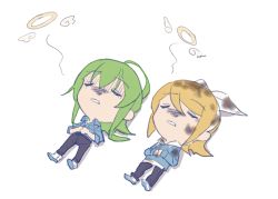 Rule 34 | 2girls, blonde hair, blouse, blue hoodie, blue shirt, bow, bow hairband, chibi, commentary, death, dirty, dirty clothes, dirty face, drawstring, closed eyes, giving up the ghost, green hair, gumi, hair bow, hairband, halo, hood, hoodie, kagamine rin, lying, medium hair, multiple girls, omake, on back, own hands together, pants, parted lips, shirt, sidelocks, vocaloid, white bow, white footwear, wings, wounds404