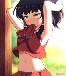 Rule 34 | 1girl, absurdres, artist name, black hair, commentary, crop top, english commentary, hair tubes, hakurei reimu, highres, losingmysauce, midriff, mouth hold, navel, ponytail, red skirt, sidelocks, skirt, solo, touhou, tying hair, upper body, yellow eyes