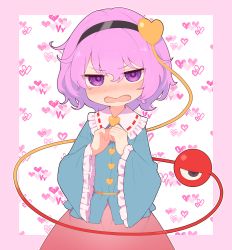 Rule 34 | 1girl, belt, black hairband, blouse, blue shirt, blush, border, buttons, collared shirt, eyes visible through hair, frills, gradient clothes, hair between eyes, hairband, hands up, heart, highres, kanpa (campagne 9), komeiji satori, long sleeves, looking at viewer, open mouth, outside border, pink border, pink hair, pink skirt, purple hair, shirt, short hair, skirt, solo, standing, third eye, touhou, v-shaped eyebrows, white background, wide sleeves, yellow belt