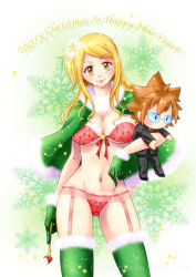 Rule 34 | 1girl, blonde hair, bra, breasts, character doll, christmas, fairy tail, garter belt, garter straps, happy new year, large breasts, lingerie, loke (fairy tail), lucy heartfilia, midriff, new year, smile, sunglasses, underwear, yellow eyes