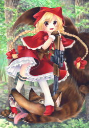 Rule 34 | 1girl, 1other, animal, big bad wolf, blonde hair, bow, braid, cape, capelet, cloak, fang, fangs, fingerless gloves, forest, frilled skirt, frills, fur, gloves, gun, hair bow, hood, hood up, hooded capelet, hooded cloak, kneehighs, little red riding hood, little red riding hood (grimm), long hair, looking at viewer, marker (medium), nature, open mouth, original, outdoors, red capelet, red cloak, red eyes, red hood, red skirt, rifle, saliva, scope, shinonome86, skirt, socks, solo, tongue, tongue out, traditional media, twin braids, weapon, white socks, wolf