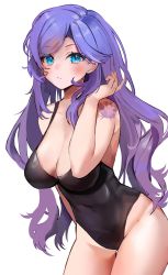 Rule 34 | 1girl, arm tattoo, black one-piece swimsuit, blue eyes, blush, breasts, cleavage, commentary, covered navel, english commentary, highres, large breasts, long hair, looking at viewer, mamavale, navel, one-piece swimsuit, purple hair, second-party source, simple background, swimsuit, tattoo, virtual youtuber, vshojo, yuniiho