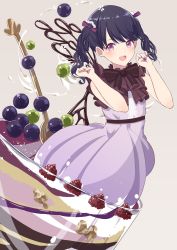 Rule 34 | 1girl, absurdres, arms up, bare arms, blue hair, blush, bow, bowtie, brown bow, brown bowtie, chocolate, commentary, cup, dress, feet out of frame, food, frilled bow, frills, fruit, fukumaru koito, grapes, hair bow, highres, idolmaster, idolmaster shiny colors, in container, in cup, in food, looking at viewer, open mouth, parfait, paw pose, pink background, purple bow, purple dress, purple eyes, raspberry, shimashi (mori no sato), short hair, short sleeves, simple background, smile, solo, spoon, twintails, wavy hair