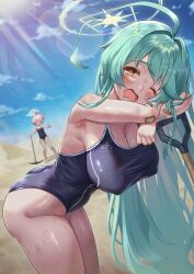 Rule 34 | 2girls, absurdres, abydos high school swimsuit, ahoge, aqua hair, ass, bare shoulders, blue archive, blue sky, blush, breasts, commentary request, day, desert, halo, head rest, highres, hoshino (blue archive), hoshino (young) (blue archive), huge ahoge, large breasts, long hair, looking at viewer, multiple girls, one-piece swimsuit, one eye closed, open mouth, pink halo, saliva, sand, school swimsuit, sky, solo focus, standing, sweat, swimsuit, wari sando, wet, yellow eyes, yellow halo, yume (blue archive)