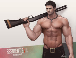 Rule 34 | 1boy, abs, artist name, bara, belt, black hair, black pants, chris redfield, closed mouth, copyright name, facial hair, gun, highres, himura (him-la), holding, holding gun, holding weapon, jewelry, large pectorals, looking at viewer, male focus, muscular, muscular male, navel, necklace, nipples, over shoulder, pants, pectorals, resident evil, resident evil 5, short hair, shotgun, solo, topless male, weapon, weapon over shoulder