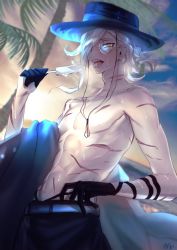 Rule 34 | 1boy, ayamatazu, bare pectorals, beach, black gloves, black male swimwear, black swim trunks, blue hat, dutch angle, edmond dantes (fate), edmond dantes (monte cristo selection) (fate), fate/grand order, fate (series), food, glasses, gloves, half gloves, hat, looking at viewer, male focus, male swimwear, open mouth, pectorals, ponytail, popsicle, round eyewear, scar, sharp teeth, silver hair, solo, swim trunks, swimsuit, teeth, tongue, tongue out, yellow eyes