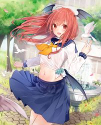 Rule 34 | 1girl, alternate costume, animal, bird, black wings, blue skirt, building, cherry blossoms, clothes lift, commentary request, crop top, day, floating hair, flower, fountain, grass, hair between eyes, hand up, head wings, koakuma, long hair, long sleeves, looking at viewer, low wings, midriff, natsuki (ukiwakudasai), navel, neckerchief, orange neckerchief, outdoors, outstretched arms, petals, pleated skirt, red eyes, red hair, sailor collar, school uniform, serafuku, shirt, skirt, skirt lift, smile, solo, spread arms, standing, tied shirt, touhou, tree, water, white shirt, wind, wind lift, wings, yellow neckerchief