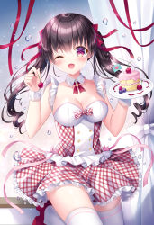 Rule 34 | 1girl, ;d, black hair, blush, breasts, cherry, cleavage, collar, collarbone, commentary request, curtains, detached collar, dress, food, frilled dress, frills, fruit, hair between eyes, heart, highres, holding, holding food, holding plate, kohinata hoshimi, long hair, looking at viewer, medium breasts, mini flag, one eye closed, open mouth, original, plaid, plaid dress, plate, pleated dress, purple eyes, red footwear, ringlets, shoes, smile, solo, standing, standing on one leg, thighhighs, twintails, very long hair, white collar, white thighhighs, window, wing collar, wrist cuffs
