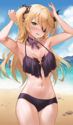 Rule 34 | 1girl, armpits, arms up, bare shoulders, beach, bikini, blonde hair, blush, breasts, cleavage, collarbone, commentary request, cowboy shot, crab, eyepatch, fischl (genshin impact), genshin impact, green eyes, hair ornament, highres, looking at viewer, lunacle, medium breasts, navel, one eye covered, outdoors, parted lips, purple bikini, solo, swimsuit, two side up, water