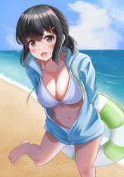 1girl absurdres beach bikini black_eyes black_hair blue_jacket blue_sky breasts cleavage cloud collarbone commentary_request day drawstring feet_out_of_frame front-tie_bikini_top front-tie_top hair_ornament highres hood hooded_jacket horizon innertube jacket k1kojima large_breasts low_ponytail ocean open_mouth original outdoors outside_border sky solo standing standing_on_one_leg swim_ring swimsuit white_bikini x_hair_ornament