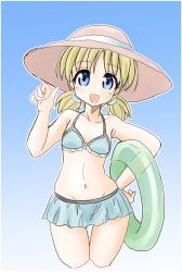 Rule 34 | 10s, 1girl, aki (girls und panzer), alternate eye color, alternate hair color, bikini, bikini skirt, blonde hair, blue background, blue eyes, breasts, cowboy shot, cropped legs, ehime (ehime mikan), frilled bikini, frills, girls und panzer, gradient background, green bikini, hand on own hip, holding, holding swim ring, innertube, looking at viewer, navel, open mouth, scrunchie, short hair, short twintails, small breasts, smile, solo, standing, swim ring, swimsuit, thigh gap, thumbs up, twintails