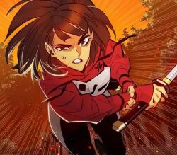 Rule 34 | 1girl, angry, black pants, brown hair, jacket, long hair, looking at viewer, open mouth, pants, red jacket, running, solo, sword, the lone necromancer, very long hair, weapon, yoon jisu