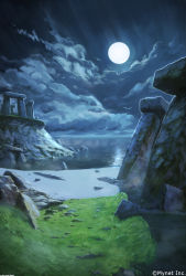 Rule 34 | angelmaster, arsenixc, beach, cloud, cloudy sky, comic, commentary, full moon, grass, highres, horizon, monolith (object), moon, night, night sky, no humans, ocean, outdoors, pillar, reflection, rock, ruins, sand, scenery, shadow, shore, sky, stone, temple, water surface, watermark