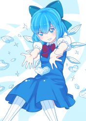 Rule 34 | 1girl, bad id, bad pixiv id, bow, cirno, grin, heart, ice, looking at viewer, nosuku, smile, solo, striped clothes, striped thighhighs, symbol-shaped pupils, thighhighs, touhou, vertical-striped clothes, vertical-striped thighhighs, wings