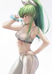 Rule 34 | 1girl, absurdres, bare arms, blush, bottle, bow, breasts, budgiepon, c.c., cleavage, closed mouth, code geass, collarbone, commentary request, cowboy shot, curvy, eyes visible through hair, from side, green hair, hair between eyes, hair bow, hair over shoulder, hand on own hip, hand up, highres, holding, holding bottle, hot, lips, long hair, looking at object, lying, medium breasts, navel, nose, on stomach, pants, ponytail, profile, scar, scar on stomach, sidelocks, simple background, solo, spiked hair, sports bra, standing, very long hair, water, water drop, water stream, wet, wet clothes, white background, white bow, white pants, yellow eyes