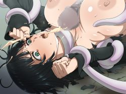 Rule 34 | 1girl, black hair, blush, breasts, censored, clenched hands, collarbone, cum, cum in mouth, don (rg06268), ejaculation, fubuki (one-punch man), grabbing, grabbing another&#039;s breast, green eyes, highres, huge breasts, ice place, long sleeves, looking down, lying, mosaic censoring, nipples, no bra, on back, one-punch man, open mouth, paizuri, penis, restrained, saliva, short hair, solo focus, straddling, straddling paizuri, sweat, tentacles, torn clothes, upper body
