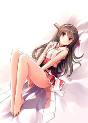 Rule 34 | 1girl, bare shoulders, barefoot, black hair, brown eyes, full body, hair ornament, hairclip, haruna (kancolle), headgear, highres, jewelry, kantai collection, kuro-kun (nablack), long hair, looking at viewer, lying, no shoes, nontraditional miko, on back, on bed, pleated skirt, red skirt, ring, skirt, solo, wedding band