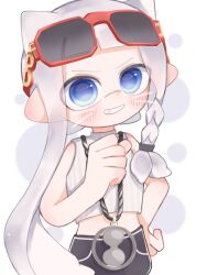 Rule 34 | 1girl, black shorts, blue eyes, blush, braid, braided sidelock, clenched hand, crop top, eyewear on head, grey background, grey hair, hand on own hip, inkling, inkling girl, inkling player character, jewelry, long hair, looking at viewer, midriff, navel, necklace, nintendo, pointy ears, red-framed eyewear, shorts, single braid, sleeveless, sleeveless sweater, smile, solo, splatoon (series), standing, sunglasses, sweater, teeth, tentacle hair, two-tone background, v-shaped eyebrows, very long hair, vk92004, whiskers, white background, white sweater