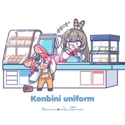 Rule 34 | 2girls, animal ears, apron, baozi, barcode scanner, blue apron, blush stickers, brown hair, cash register, chibi, commentary, convenience store, counter, eating, english commentary, english text, food, hakos baelz, highres, hololive, hololive english, instagram username, looking at another, monja (monja0521), mouse ears, multiple girls, pixiv username, ponytail, red hair, shop, simple background, strawberry baelz, twitter username, virtual youtuber, white background, yellow overalls