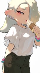 Rule 34 | 1girl, alternate color, blush, bracelet, cowboy shot, ear piercing, earrings, eating, hair over one eye, highres, ice cream cone, jewelry, kashu (hizake), looking to the side, nintendo, octoling player character, open mouth, piercing, red eyes, shirt, shiver (splatoon), solo, splatoon (series), splatoon 3, sweat, t-shirt, tentacle hair, tongue, tongue out, tooth earrings, white background