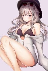 Rule 34 | 1girl, :d, alternate costume, azur lane, bikini, blush, breasts, butterfly hair ornament, choker, cleavage, collarbone, curly hair, dunkerque (azur lane), dunkerque (summer sucre) (azur lane), eyewear on head, feet out of frame, flower, grey hair, hair ornament, hairband, highres, knees up, large breasts, long hair, looking at viewer, navel, nurumaru yu, off shoulder, open mouth, pink eyes, ponytail, purple background, purple bikini, shirt, sidelocks, simple background, sitting, sleeves past wrists, smile, solo, sunglasses, swimsuit, thighs, white shirt