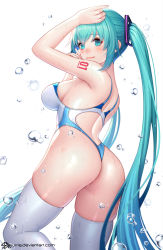 Rule 34 | 1girl, alternate breast size, arm up, ass, backless swimsuit, bare shoulders, blue eyes, blue hair, breasts, competition swimsuit, cowboy shot, from behind, hand on own cheek, hand on own face, hatsune miku, highleg, highleg swimsuit, highres, jurrig, large breasts, leg up, long hair, looking at viewer, looking back, medium breasts, one-piece swimsuit, shoulder tattoo, skindentation, smile, solo, swimsuit, tattoo, thighhighs, thighs, twintails, very long hair, vocaloid, water, wet, wet clothes, wet hair, wet legwear, wet swimsuit, white thighhighs