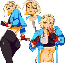 Rule 34 | 1girl, 3amsoda, absurdres, antenna hair, black choker, black gloves, black pants, blonde hair, blue eyes, blue jacket, bracelet, buttons, cammy white, choker, collared jacket, commentary, cropped jacket, dot nose, eating, food, gloves, hair between eyes, highres, jacket, jewelry, making faces, multiple views, navel, pants, scar, scar on face, short hair, simple background, solo, street fighter, street fighter 6, white background, yoga pants