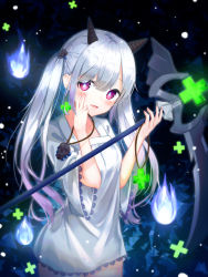 Rule 34 | 1girl, blue fire, blush, breasts, collarbone, commentary, cowboy shot, demon girl, demon horns, dress, earrings, fang, fingernails, fire, glowing, gradient hair, hair ornament, hand up, highres, holding, holding scythe, horns, jewelry, lace-trimmed sleeves, lace trim, long hair, long sleeves, multicolored hair, original, parted lips, purple eyes, purple hair, scythe, seero, silver hair, skull, skull hair ornament, small breasts, solo, twintails, very long hair, white dress, wide sleeves