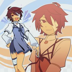 Rule 34 | 1girl, :d, ahoge, bandage over one eye, blue dress, blue ribbon, brown hair, bungou stray dogs, closed mouth, commentary, dazai osamu (bungou stray dogs), dress, english commentary, flat chest, genderswap, genderswap (mtf), grimfantas, hand on own hip, highres, long sleeves, mole, mole under eye, open mouth, red eyes, ribbon, shirt, short hair, smile, teeth, upper teeth only, white shirt
