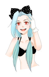 Rule 34 | 1girl, annie wong, blue hair, bra, breasts, gloves, hairline, jinx (league of legends), league of legends, long hair, red eyes, ribbon, twintails, underwear