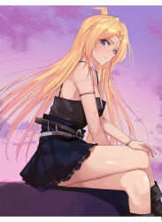 Rule 34 | 1girl, ahoge, belt, blonde hair, blue eyes, boots, bracelet, breasts, cleavage, crossed legs, frilled skirt, frills, from side, hand on own knee, jewelry, long hair, looking at viewer, looking to the side, mexif, miniskirt, outdoors, ryuumonbuchi touka, saki (manga), sideboob, sitting, skirt, smile, solo, spaghetti strap, sunset, thighs
